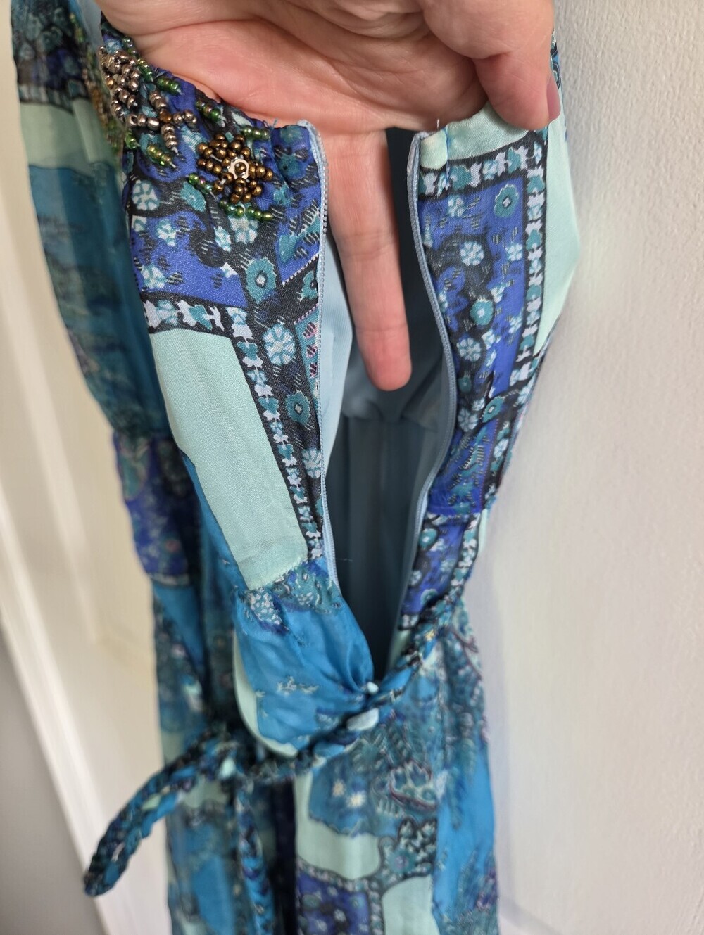 Blue Silk beaded maxi dress gown with waist tie patchwork boho stretch waist 4 - Picture 8 of 16